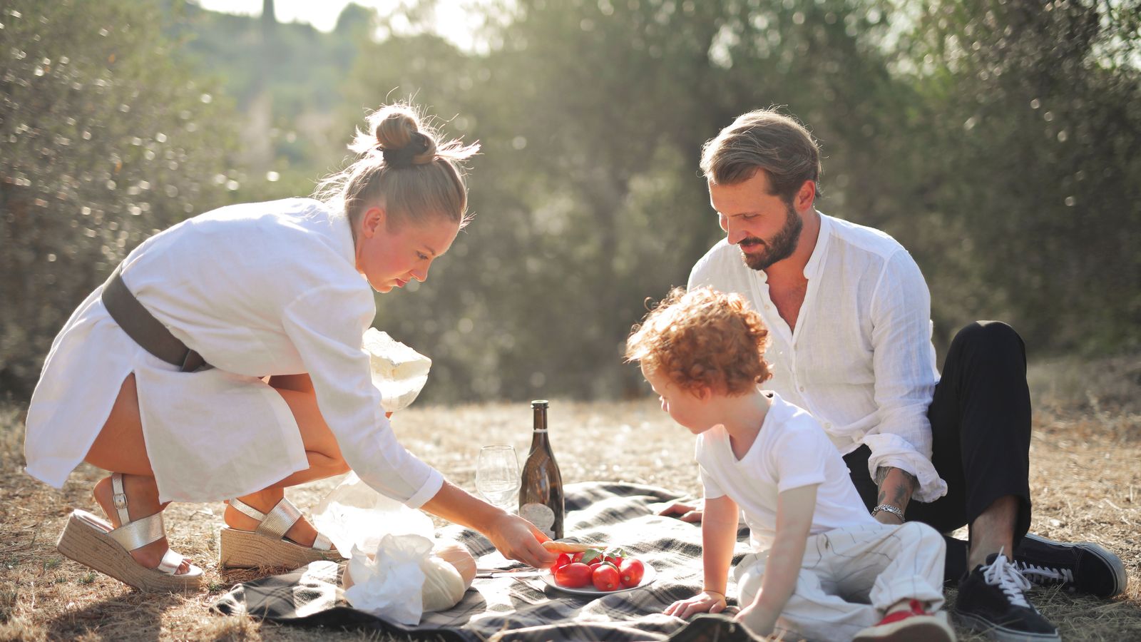 Parents and a young child sharing a picnic on a blanket outdoors.